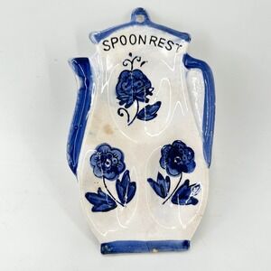 Vintage Japan Ceramic Teapot Spoon Rest Blue White Floral Hand Painted Hanging